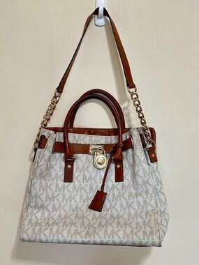 Michael Kors Hamilton Large Signature Logo Satchel Bag Cream